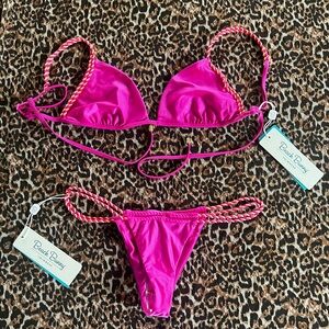 Beach Bunny Neon Pink Triangle Bikini Top with Braided Straps